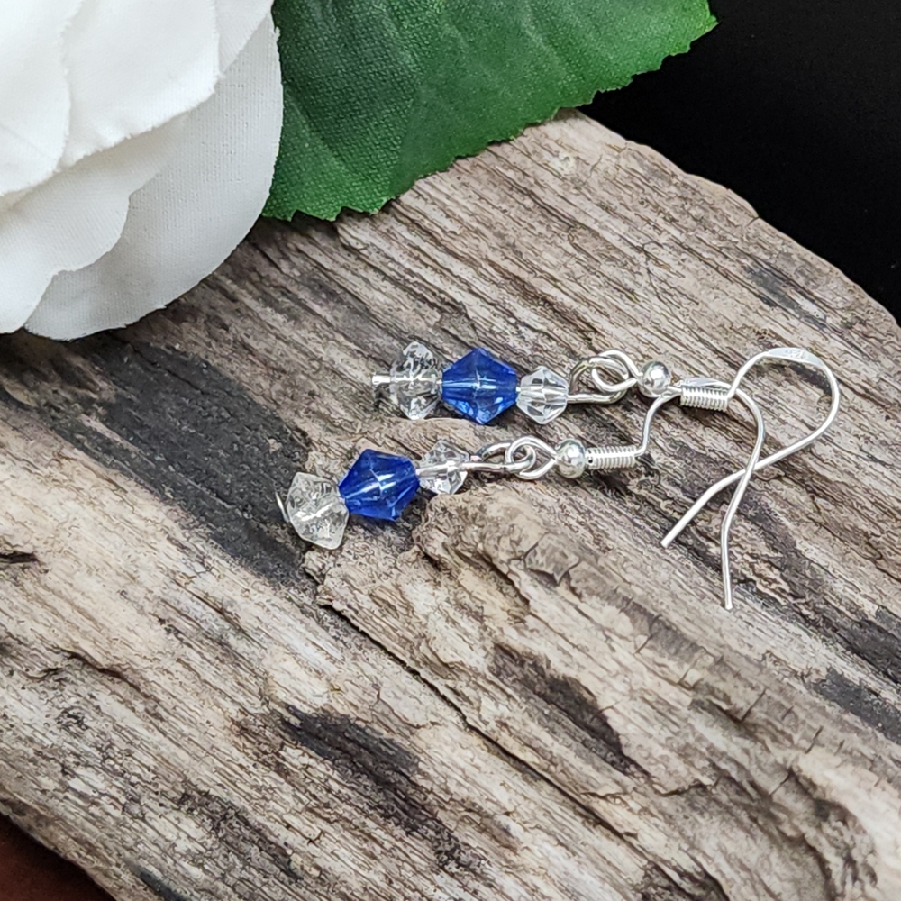 Dainty Clear Glass And Acrylic Blue Dangle Earrings With Silver Toned Accents